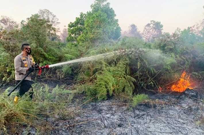 Kapolres Kepulauan Meranti Turun Langsung Padamkan Lahan Terbakar