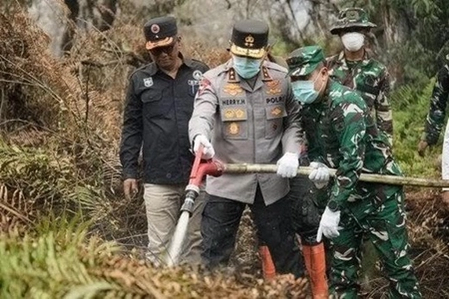  Kapolda dan Pangdam Tuanku Tambusai Padamkan Karhutla, karena Titik Api Masih Menyala yang Belum Aman